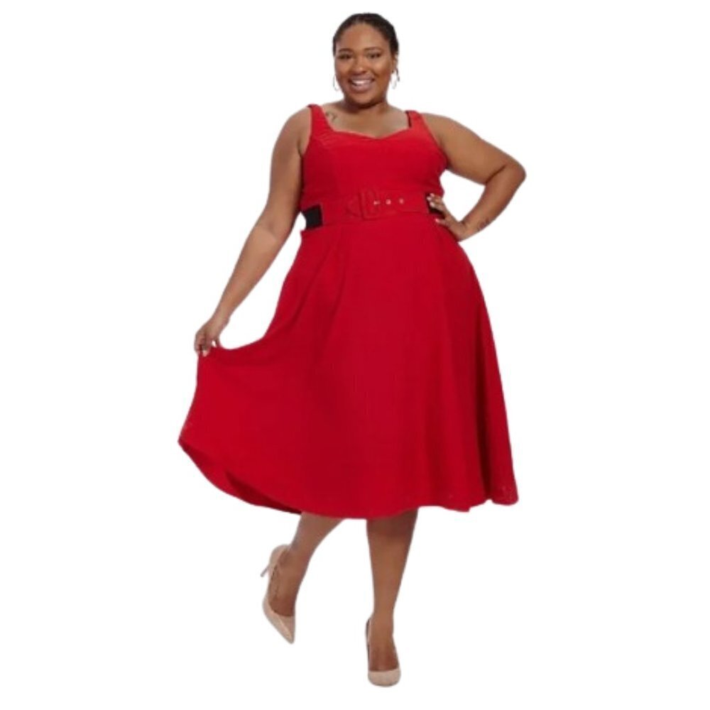 City Chic Vibrant Red Belted Midi Dress